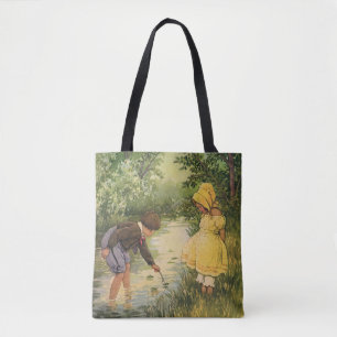 Tote Bag Enfants Vintage, garçon et fille jouant au ruissea