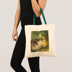 Tote Bag Enfants Vintage, Garçon et Fille Jouant au Ruissea