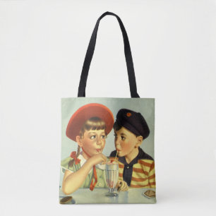 Tote Bag Enfants vintage, garçon et fille partageant un mil