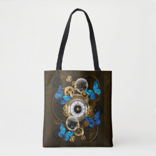 Tote Bag Engrenages à vapeur et papillons bleus