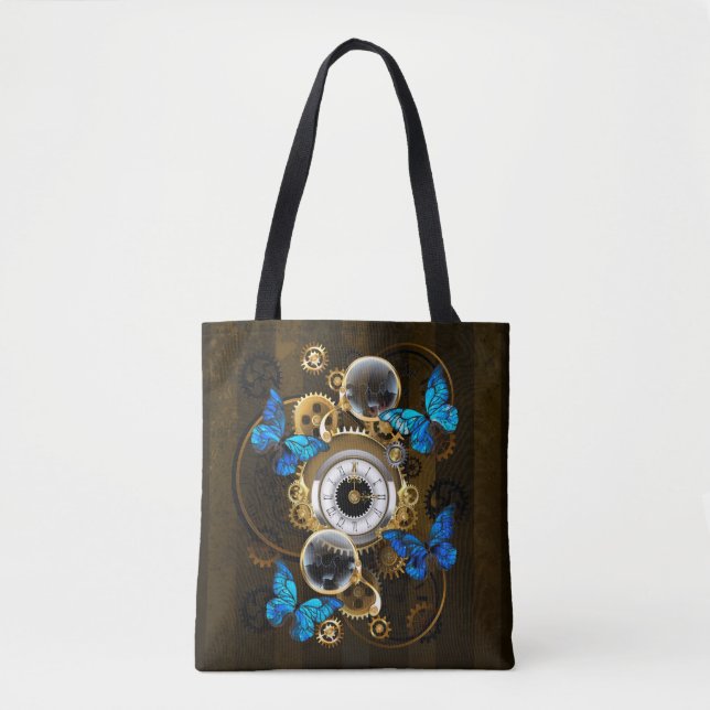 Tote Bag Engrenages à vapeur et papillons bleus (Devant)