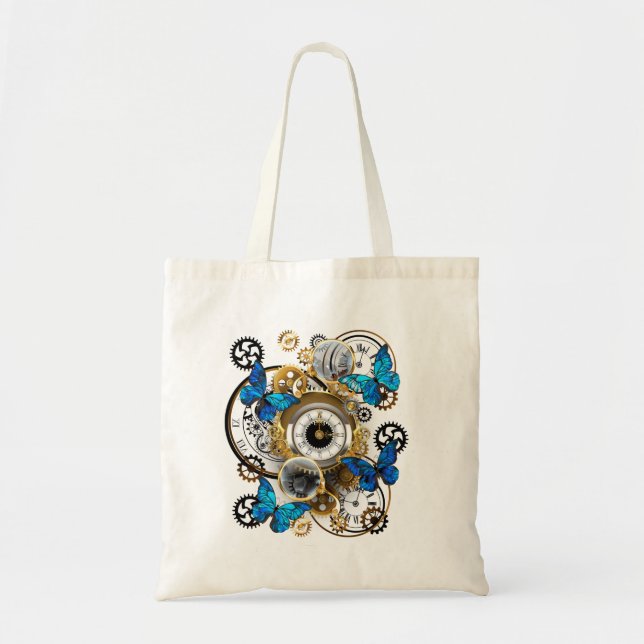 Tote Bag Engrenages à vapeur et papillons bleus (Devant)