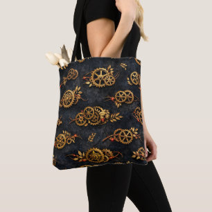 Tote Bag Engrenages dorés vintage et néon rouge Cyberpunk m