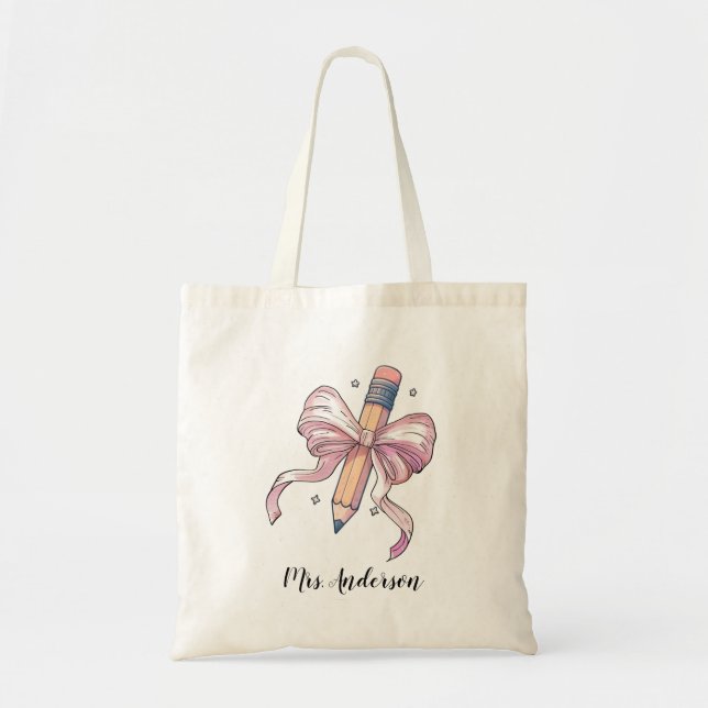 Tote Bag Enseignant au crayon de la coquette rose monogramm (Devant)