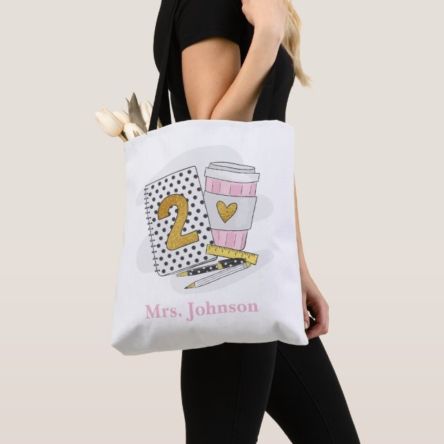 Tote Bag Enseignant de 2e année blanc Carnet préppie café (De près)