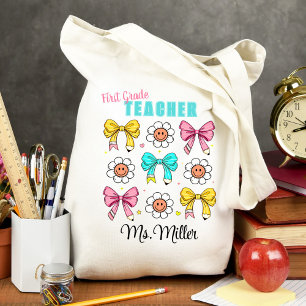 Tote Bag Enseignant École Cute Bow Pencil Nom du sourire