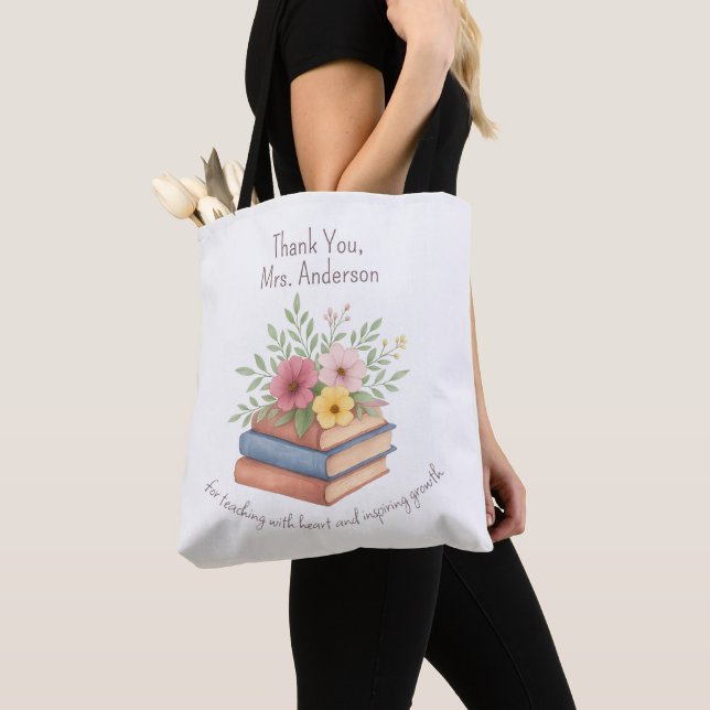 Tote Bag Enseignant Merci - Aquarelle Livres & Fleurs - (De près)