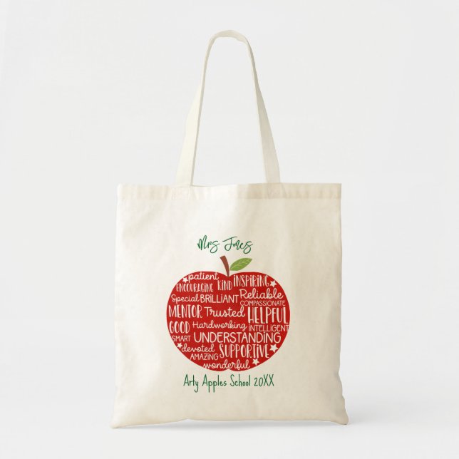 Tote Bag Enseignant rouge pomme mot nuage appréciation mode (Devant)