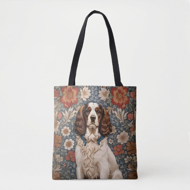 Tote Bag Épaniel Élégant sur Fond Floral (Devant)