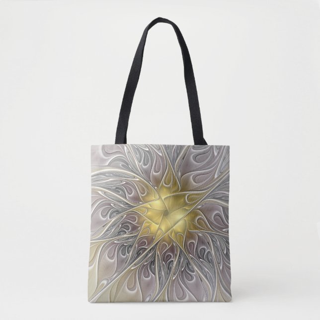 Tote Bag Épanouir avec fleur fractale abstraite moderne dor (Devant)