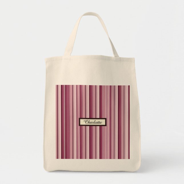 Tote Bag Épicerie personnalisée à rayures rose moderne (Devant)