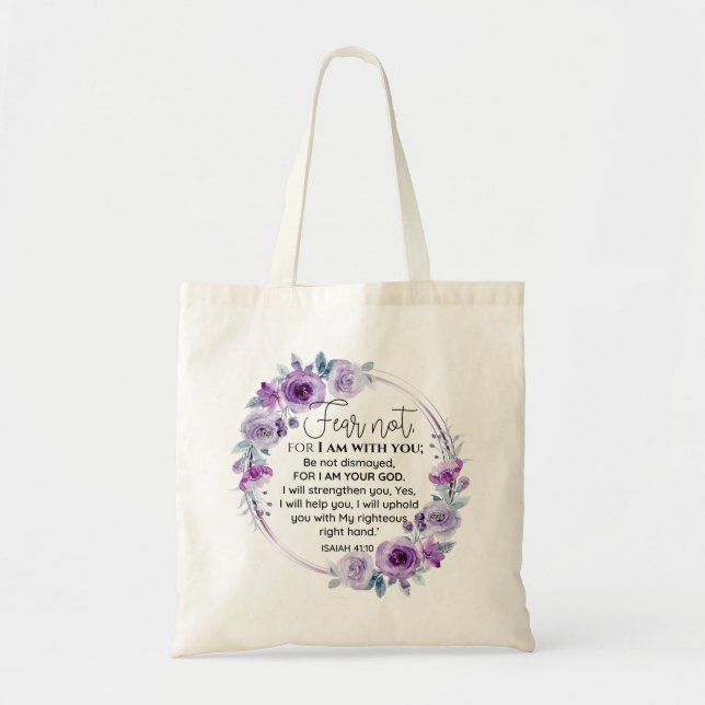Tote Bag Esaïe 41:10 Crainte non violet Écriture florale (Devant)