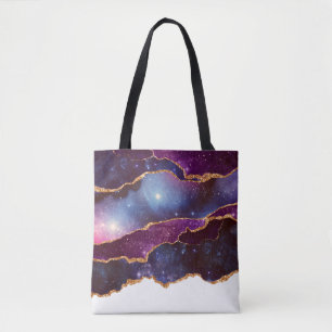 Tote Bag Espace bleu et violet et étoiles avec ruban or