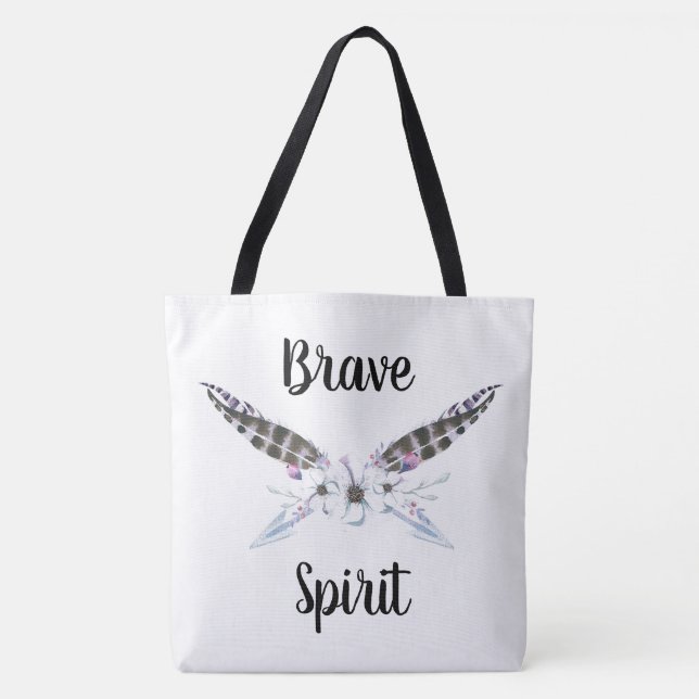 Tote Bag Esprit courageux avec plumes, flèches et fleurs (Devant)