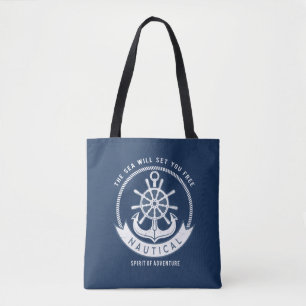 Tote Bag Esprit nautique Ancre, Roue, Bleu marine