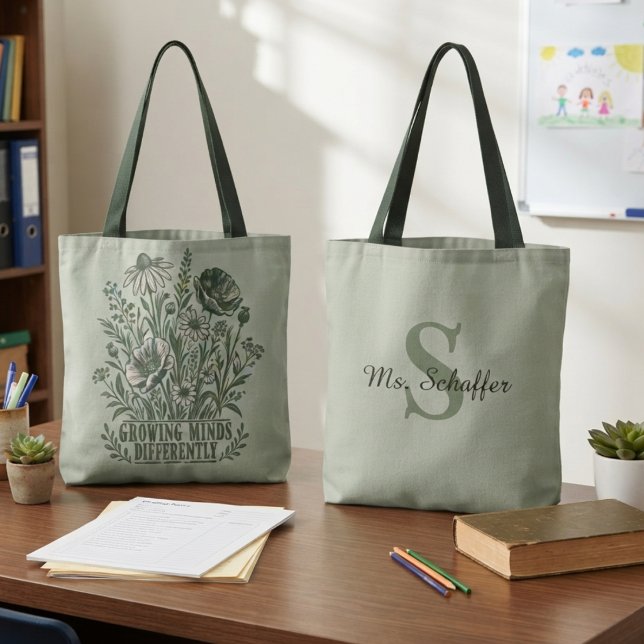 Tote Bag Esprits botaniques cultivés du sage dévoué (Sage botanical tote bag for special education teachers during back to school season.)