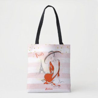 Tote Bag Esquisse personnalisée Fille rose Paris
