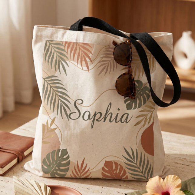 Tote Bag Esthétique Terreuse Feuillage Tropical Nom Personn (Créateur téléchargé)