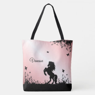 Tote Bag Étalon noir cabré avec nom sur fond rose