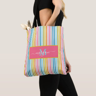 Tote Bag Été Arc en ciel rayures Monogramme Script