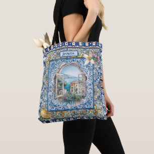 Tote Bag été italie carreaux bleu floral citrus monogramme