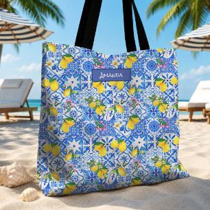 Tote Bag Été majolique bleu citrique méditerranéen sicilien