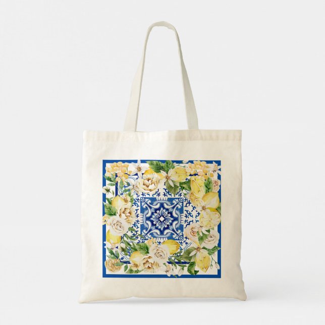 Tote Bag Été Méditerrannée citron et fleurs imprimés (Dos)