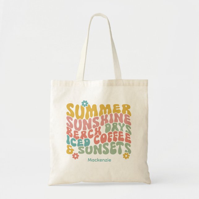 Tote Bag Été Super Rétro Monogramme rose Nom Bagage (Devant)
