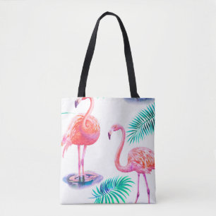 Tote Bag Été tropical avec flamants roses feuilles de palmi