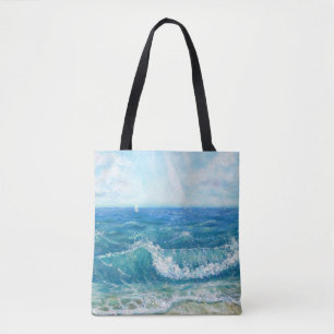 Tote Bag Eté, vagues bleues, peinture acrylique.