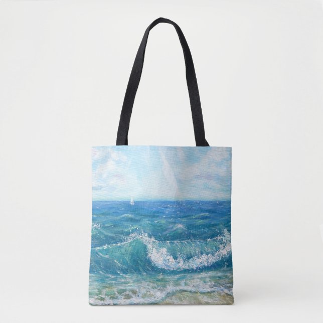 Tote Bag Eté, vagues bleues, peinture acrylique. (Devant)