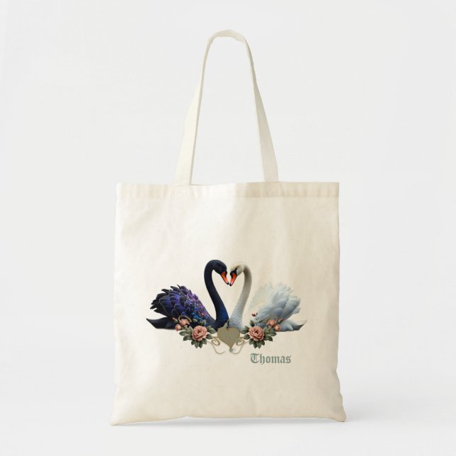 Tote Bag Eternal Bond, Black and White Swans in Love. (Devant)