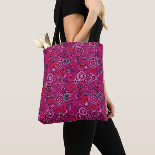 Tote Bag Ethnique folk abstrait motif floral rétro cramson
