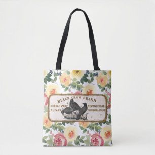 Tote Bag Étiquette de corbeau vintage et fleurs