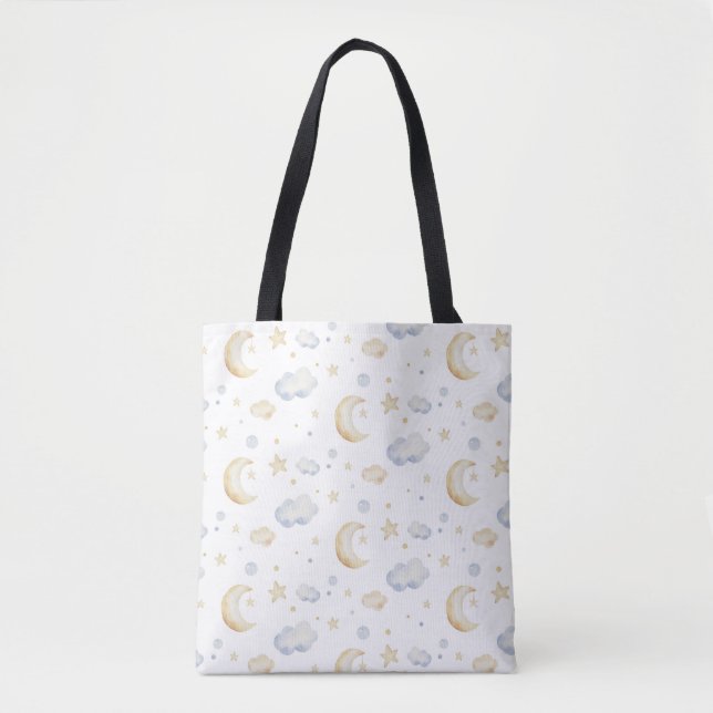 Tote Bag Etoiles de lune d'aquarelle et Motif de nuage (Devant)