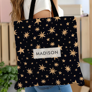 Tote Bag Étoiles Dorées Ciel Noir Tendance Étoilé