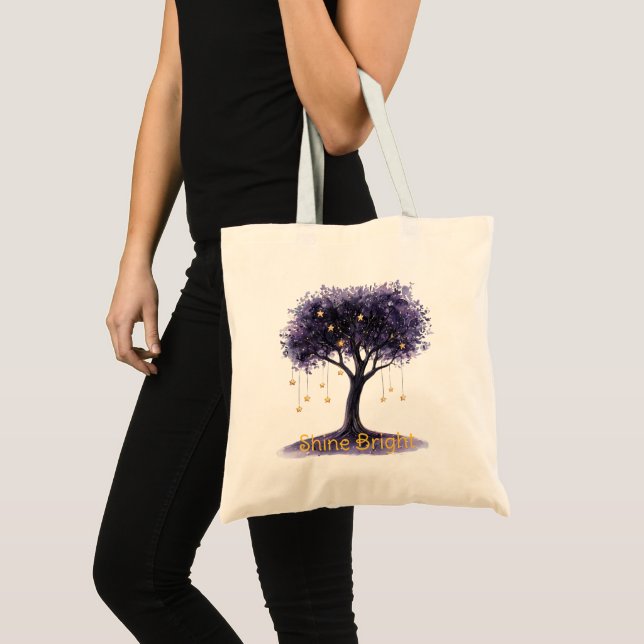Tote Bag Étoiles Dorées de l'Arbre Violet Brillent Fort (Devant (produit))