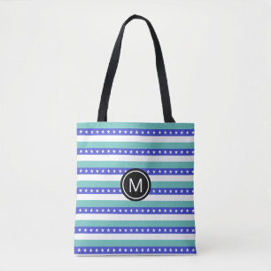 Tote Bag Étoiles et rayures bleues sarcelle et blanches