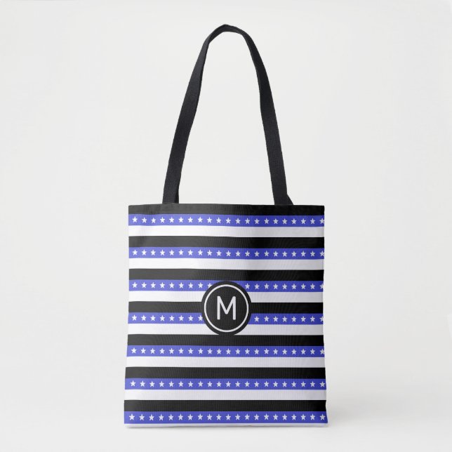 Tote Bag Étoiles et rayures noires bleues et blanches (Devant)