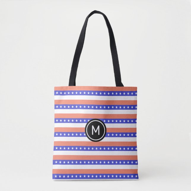 Tote Bag Étoiles et saumon bleu et rayures blanches (Devant)
