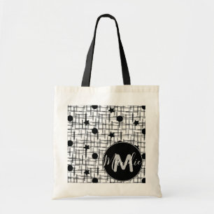 Tote Bag Étoiles Lune Noir et Blanc Nom Bibliothèque Livres