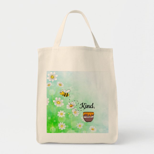 Tote Bag Être gentil | Texte Floral Blanc & Vert Beau (Devant)