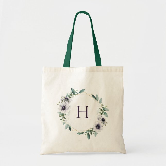 Tote Bag Éucalyptus Anémonique Floral Wreath Monogramme (Devant)