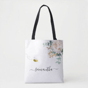 Tote Bag Eucalyptus floral vert nom de l'abeille script