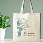 Tote Bag Eucalyptus Greenery Enseignant<br><div class="desc">Le Sac fourre-tout élégant de l'enseignant est décoré de feuilles d'eucalyptus aquarelle dans des tons doux de vert. Facile à personnaliser. Pour modifier davantage, utilisez l'outil de conception pour modifier la police, la taille de police ou la couleur. Parce que nous créons notre oeuvre, vous ne trouverez pas cette image...</div>