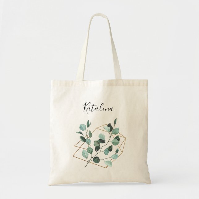 Tote Bag Eucalyptus Verdure & Cadre Doré & Nom (Devant)