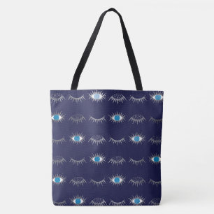 Tote Bag Eyelashes oculaires bleus argenté Nazar Mati Motif