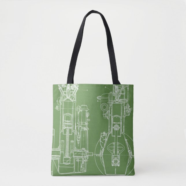 Tote Bag FAB DESSIN MÉCANIQUE BLUEPRINT vert BLANC (Devant)
