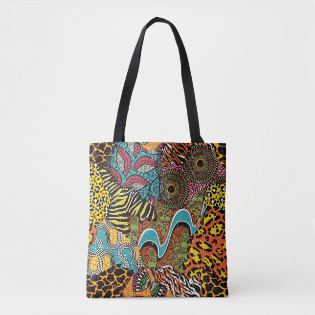 Tote Bag Fabric africain : Patchwork d'animaux sauvages. (Devant)