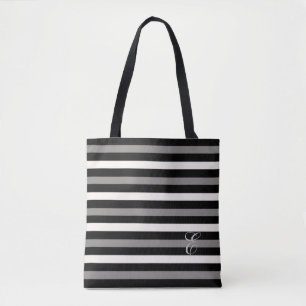 Tote Bag Fabriqué aux États-Unis noir, gris et blanc rayé